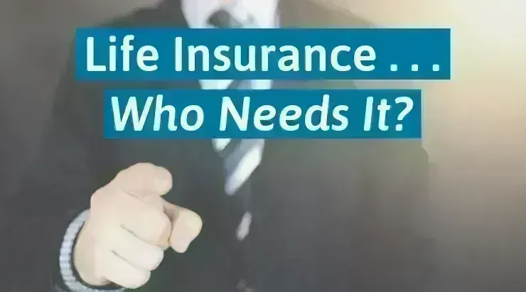 Man in suit and tie pointing index finger asks who needs life insurance